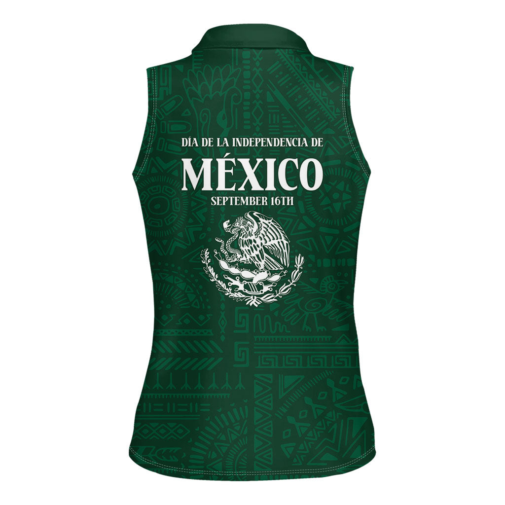 Dia de la Independencia de Mexico Women Sleeveless Polo Shirt 16 De Septiembre Traditional Aztec Tribal Green