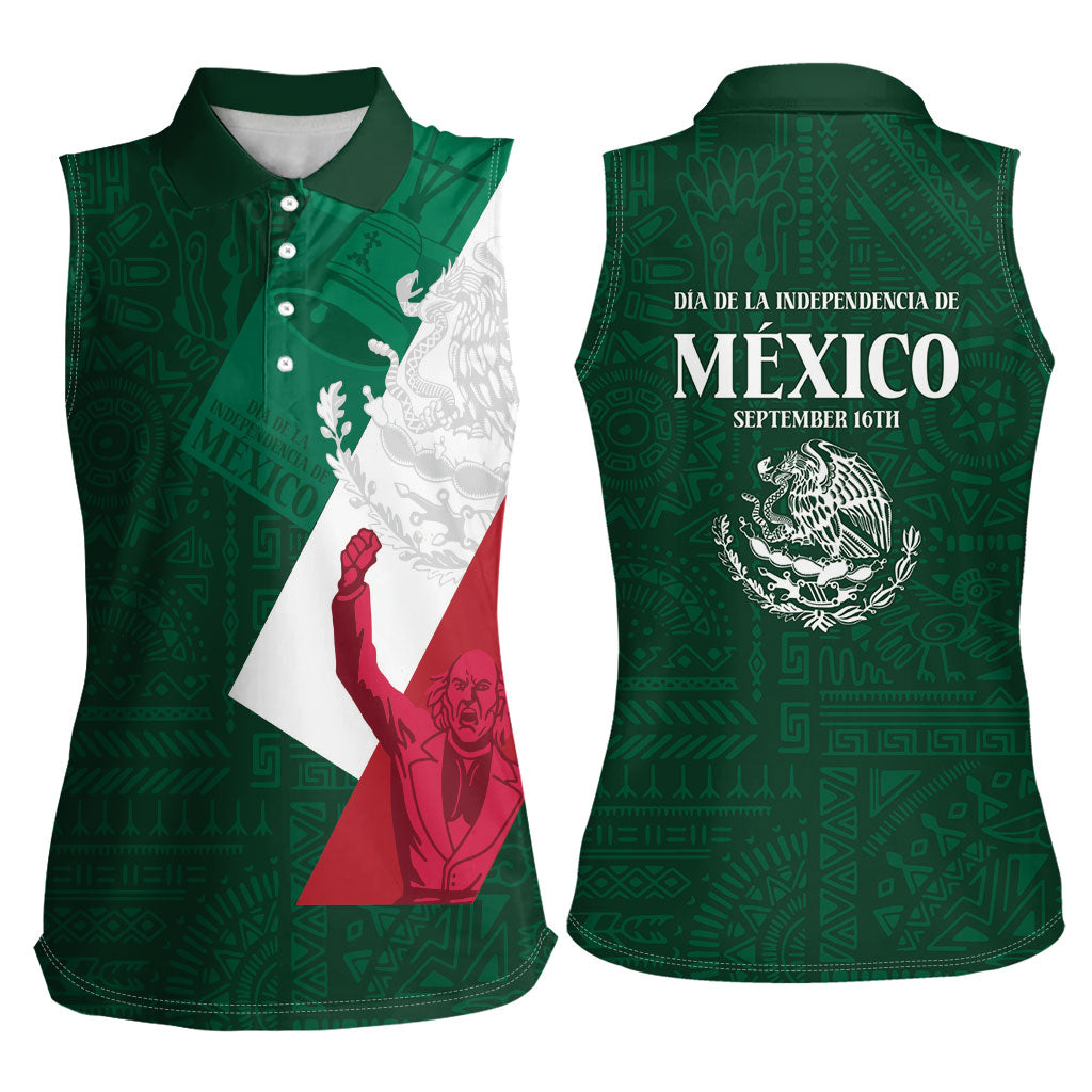 Dia de la Independencia de Mexico Women Sleeveless Polo Shirt 16 De Septiembre Traditional Aztec Tribal Green