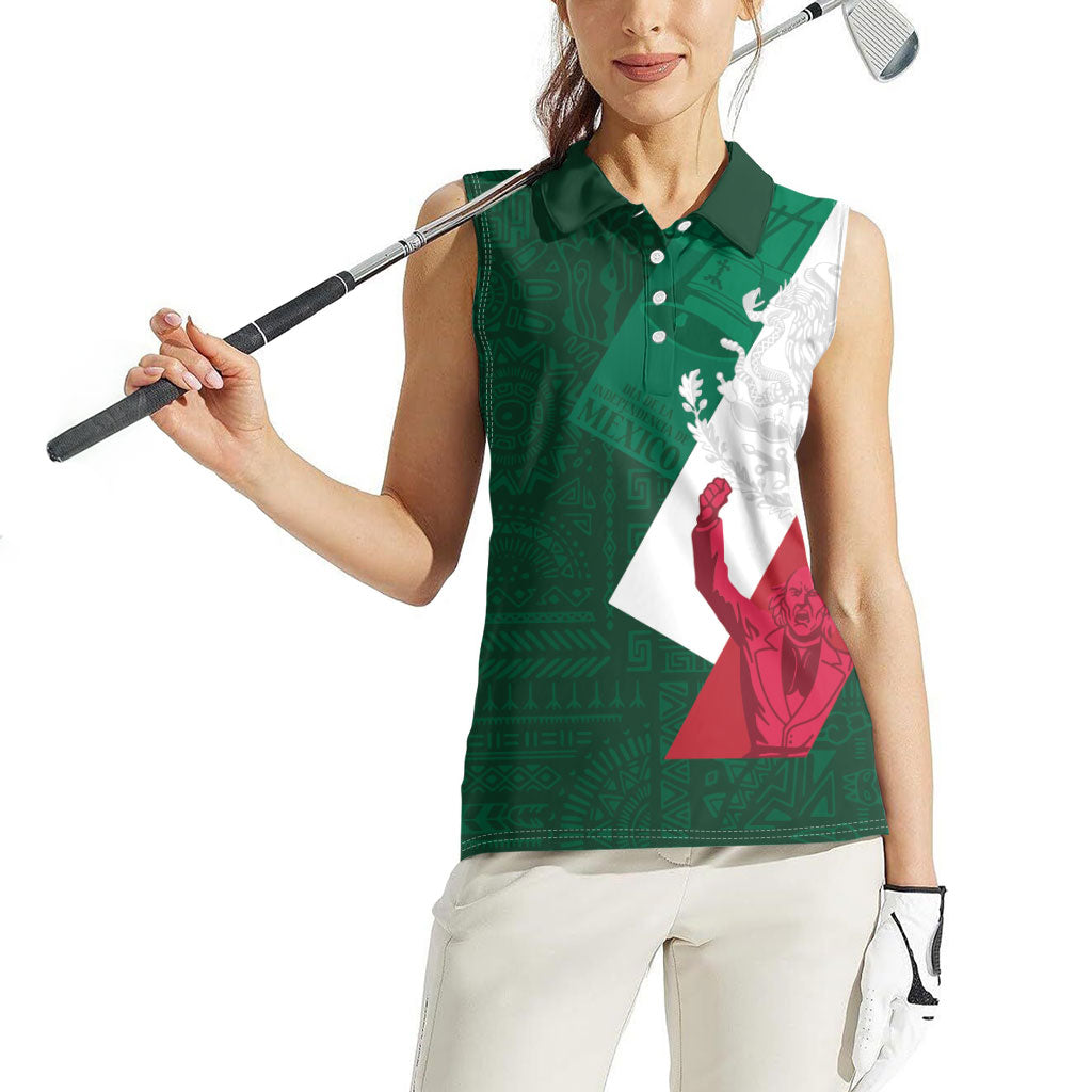 Dia de la Independencia de Mexico Women Sleeveless Polo Shirt 16 De Septiembre Traditional Aztec Tribal Green
