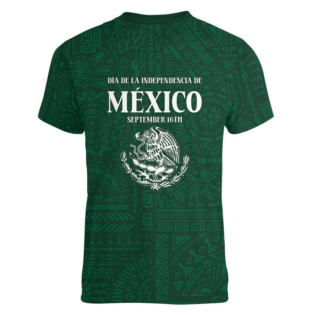 Dia de la Independencia de Mexico Women V-Neck T-Shirt 16 De Septiembre Traditional Aztec Tribal Green