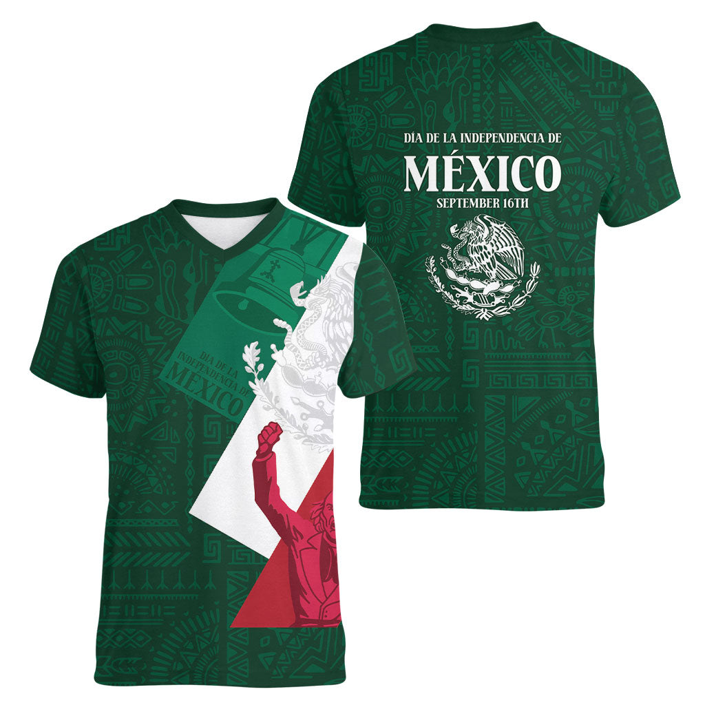 Dia de la Independencia de Mexico Women V-Neck T-Shirt 16 De Septiembre Traditional Aztec Tribal Green