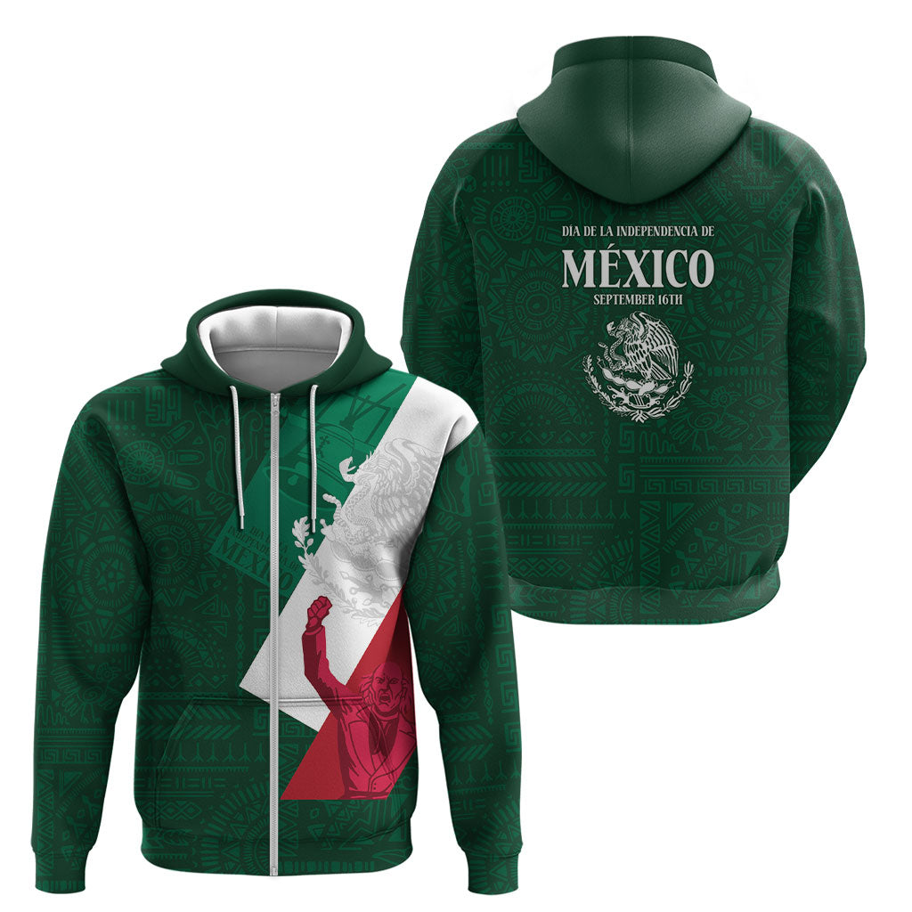 Dia de la Independencia de Mexico Zip Hoodie 16 De Septiembre Traditional Aztec Tribal Green