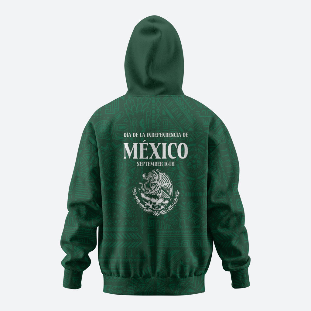 Dia de la Independencia de Mexico Zip Hoodie 16 De Septiembre Traditional Aztec Tribal Green
