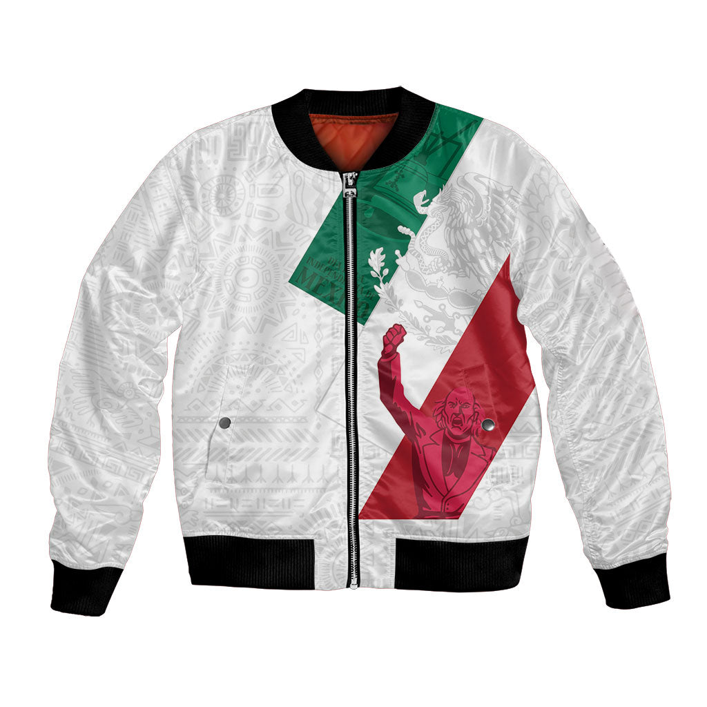 Dia de la Independencia de Mexico Bomber Jacket 16 De Septiembre Traditional Aztec Tribal White