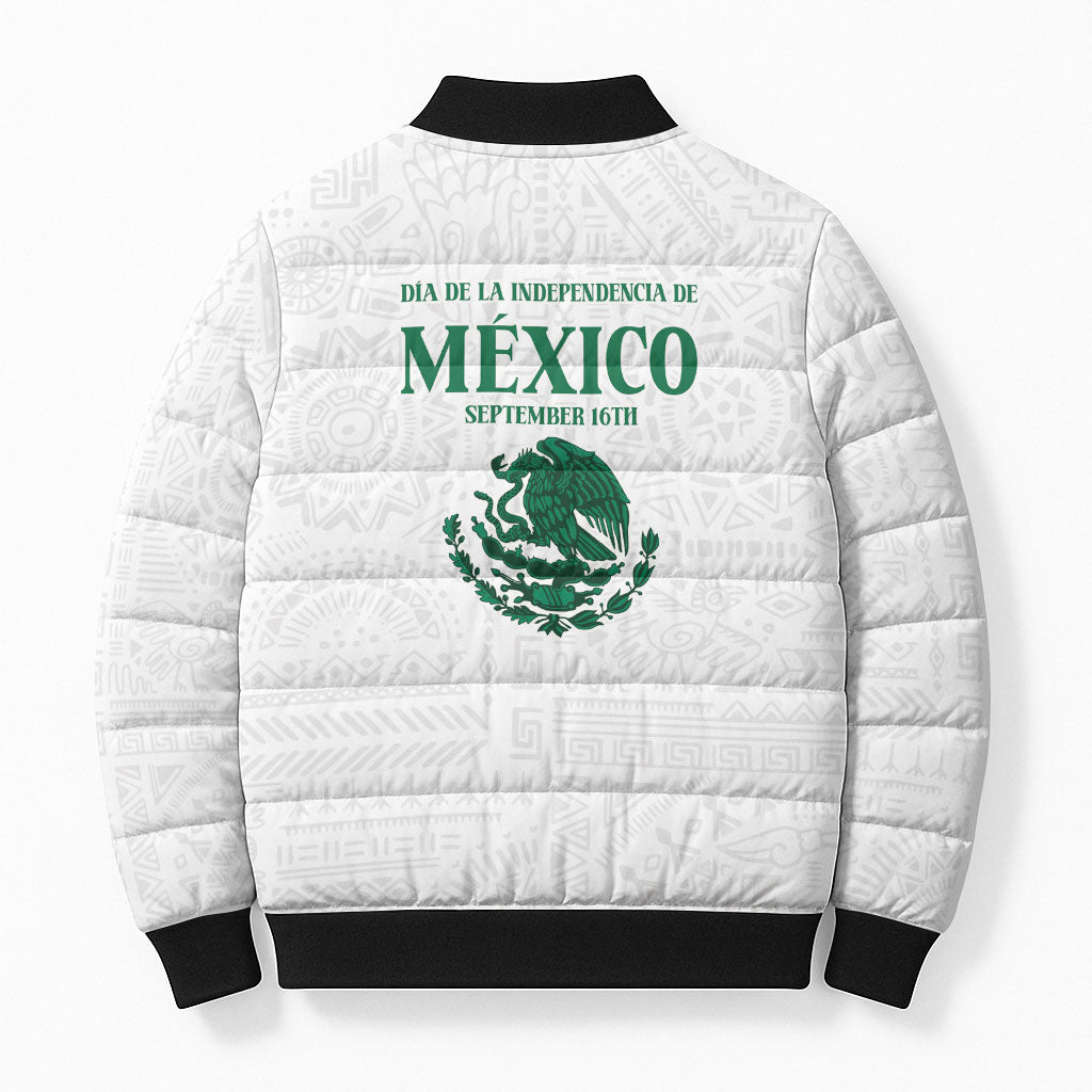 Dia de la Independencia de Mexico Bomber Puffer Jacket 16 De Septiembre Traditional Aztec Tribal White