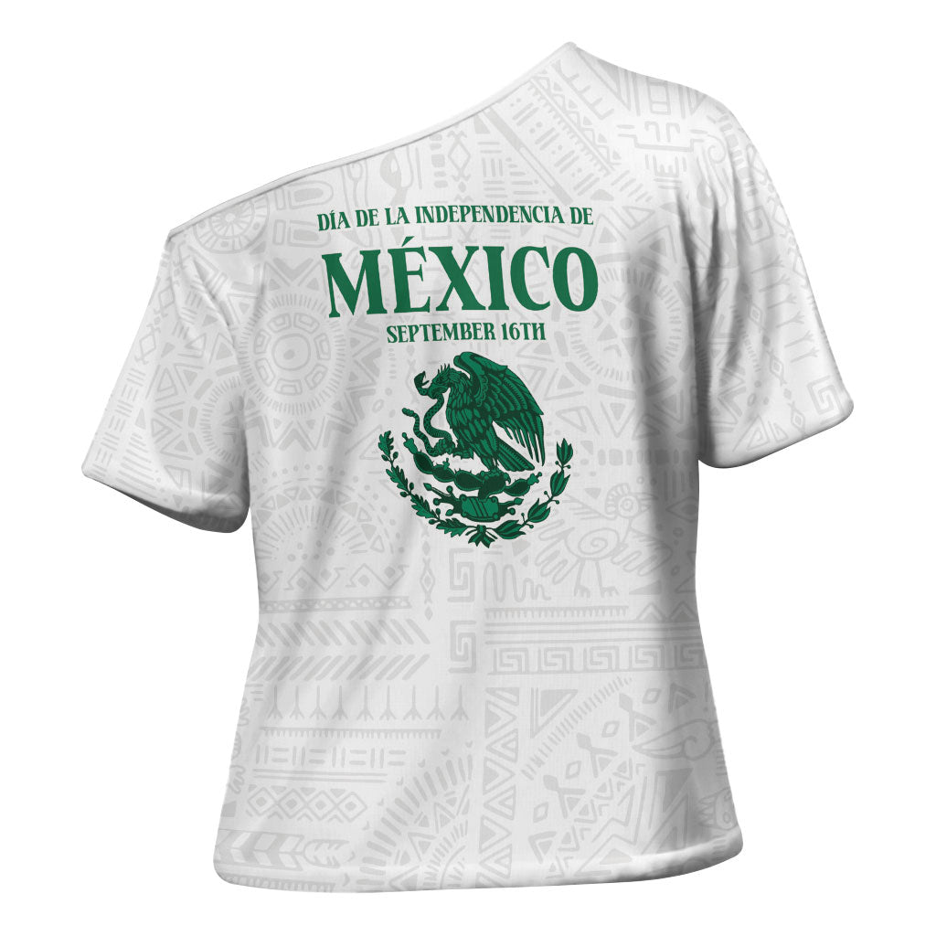 Dia de la Independencia de Mexico Cross Shoulder Shirt 16 De Septiembre Traditional Aztec Tribal White