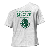 Dia de la Independencia de Mexico Cross Shoulder Shirt 16 De Septiembre Traditional Aztec Tribal White
