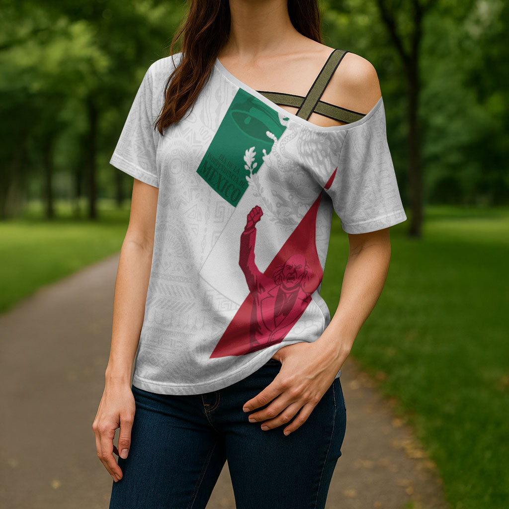 Dia de la Independencia de Mexico Cross Shoulder Shirt 16 De Septiembre Traditional Aztec Tribal White