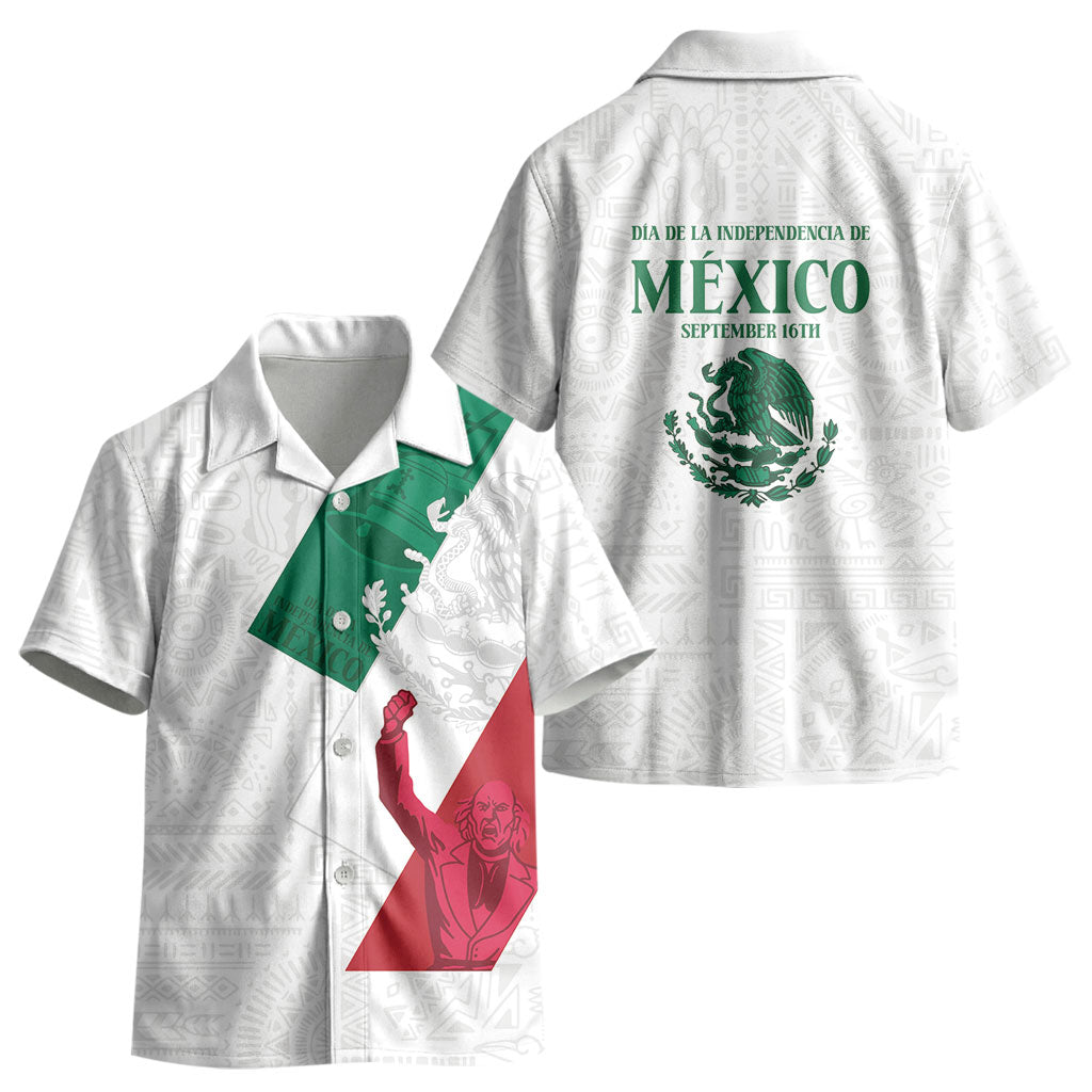 Dia de la Independencia de Mexico Kid Hawaiian Shirt 16 De Septiembre Traditional Aztec Tribal White