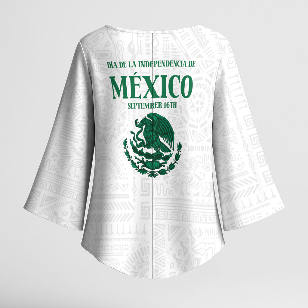 Dia de la Independencia de Mexico Kimono Sleeve Blouse 16 De Septiembre Traditional Aztec Tribal White