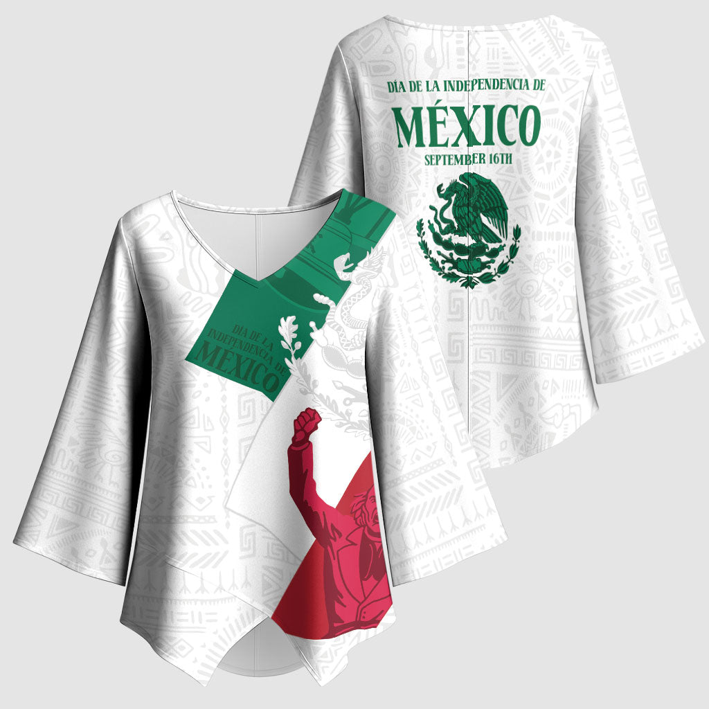 Dia de la Independencia de Mexico Kimono Sleeve Blouse 16 De Septiembre Traditional Aztec Tribal White