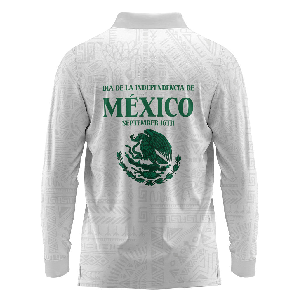 Dia de la Independencia de Mexico Long Sleeve Polo Shirt 16 De Septiembre Traditional Aztec Tribal White