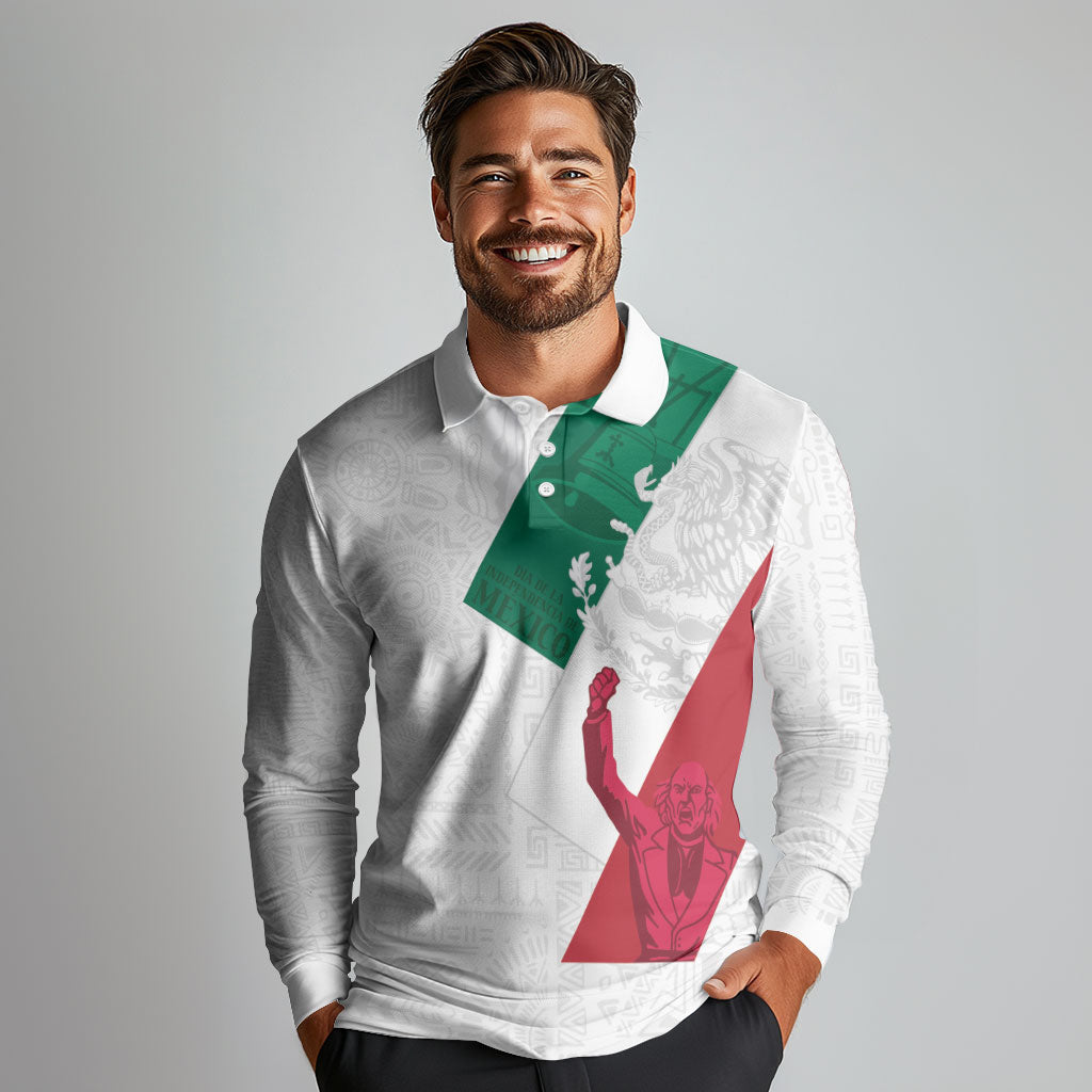 Dia de la Independencia de Mexico Long Sleeve Polo Shirt 16 De Septiembre Traditional Aztec Tribal White