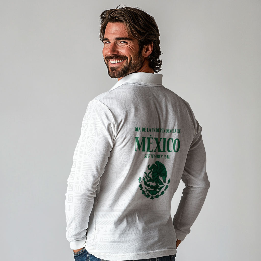 Dia de la Independencia de Mexico Long Sleeve Polo Shirt 16 De Septiembre Traditional Aztec Tribal White