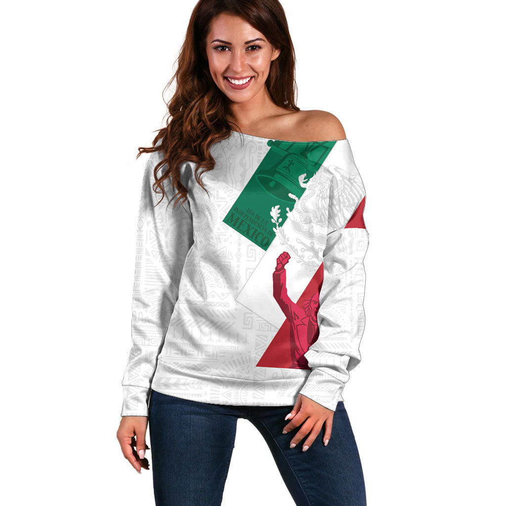 Dia de la Independencia de Mexico Off Shoulder Sweater 16 De Septiembre Traditional Aztec Tribal White