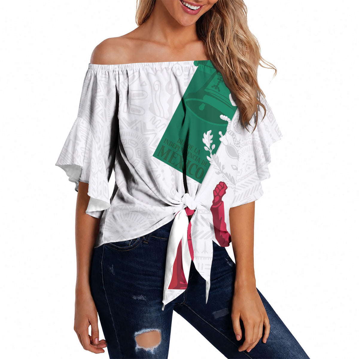 Dia de la Independencia de Mexico Off Shoulder Wrap Waist Top 16 De Septiembre Traditional Aztec Tribal White