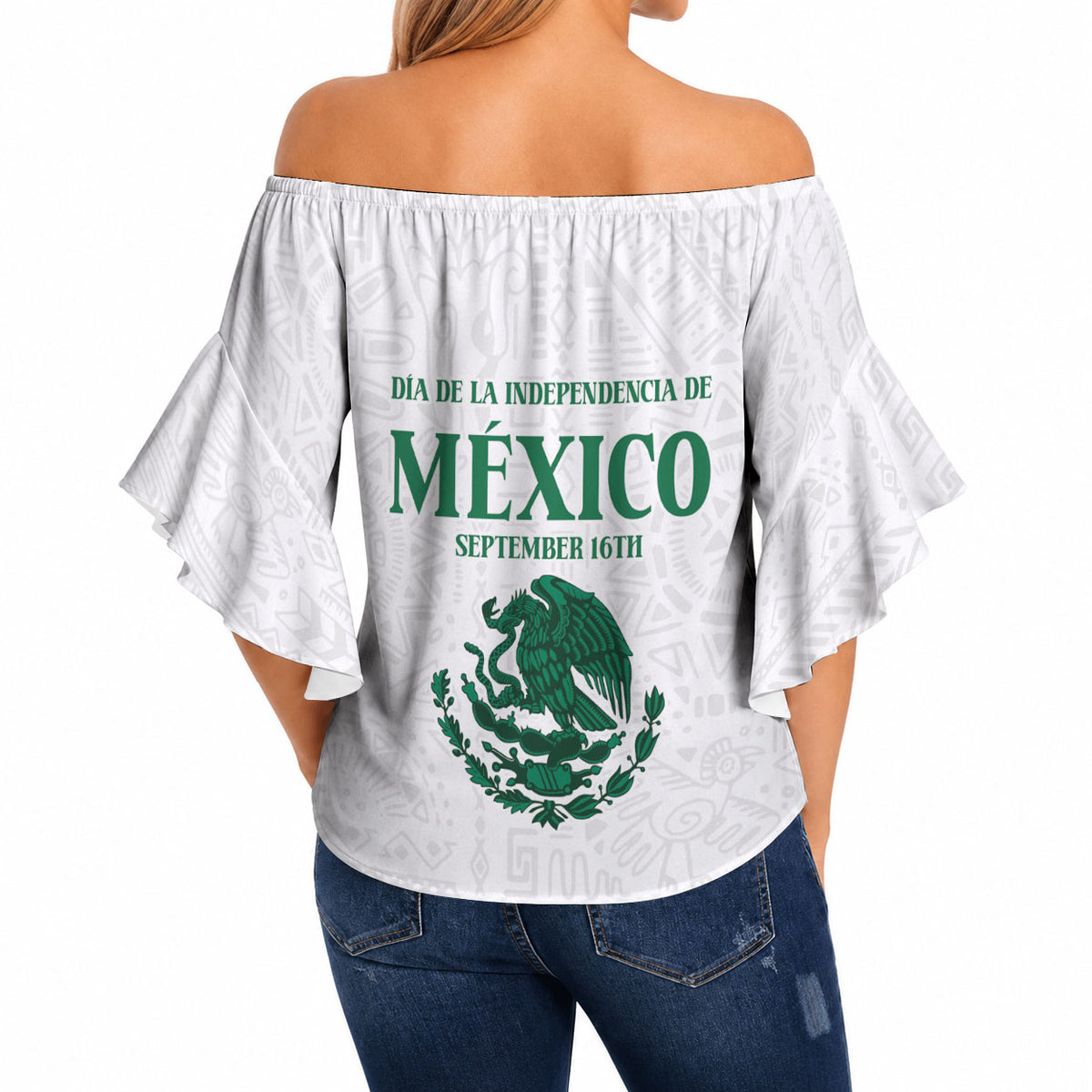 Dia de la Independencia de Mexico Off Shoulder Wrap Waist Top 16 De Septiembre Traditional Aztec Tribal White