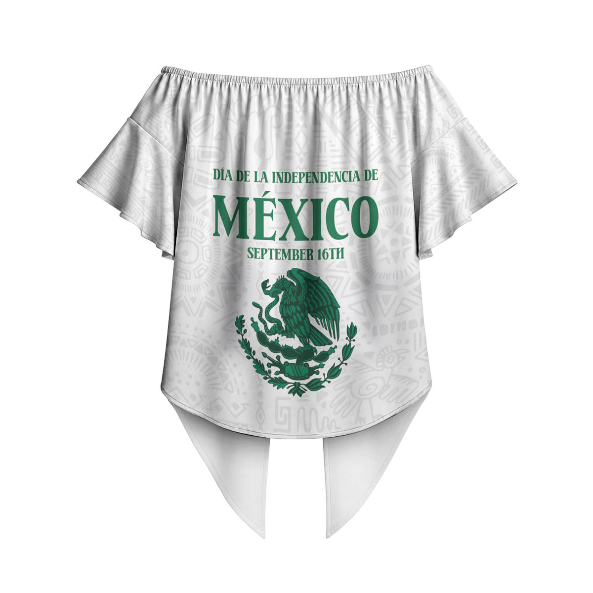 Dia de la Independencia de Mexico Off Shoulder Wrap Waist Top 16 De Septiembre Traditional Aztec Tribal White