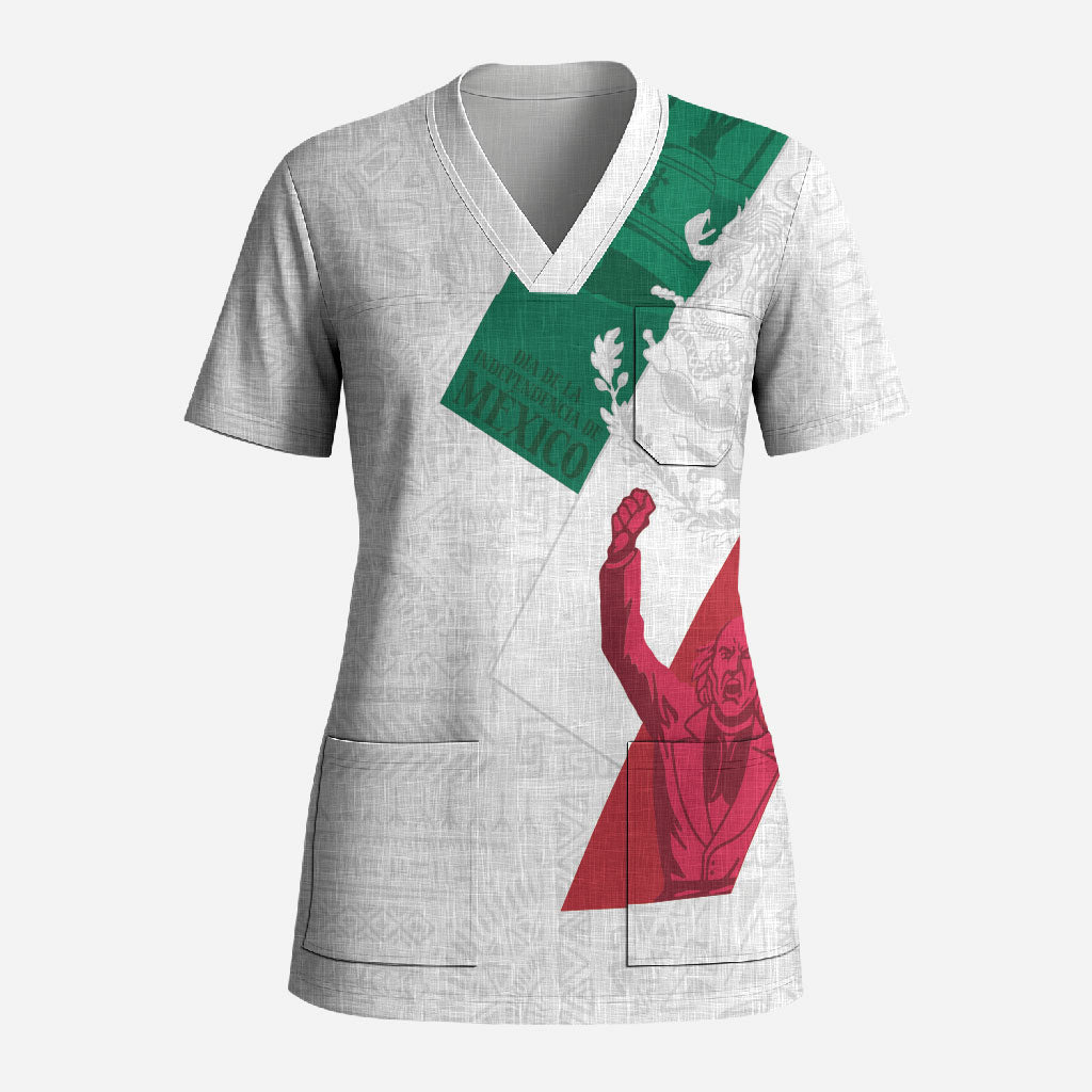 Dia de la Independencia de Mexico Scrub Top 16 De Septiembre Traditional Aztec Tribal White