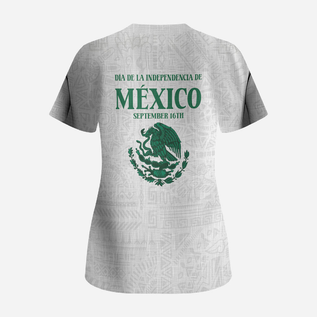Dia de la Independencia de Mexico Scrub Top 16 De Septiembre Traditional Aztec Tribal White