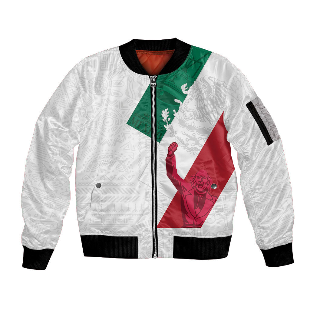 Dia de la Independencia de Mexico Sleeve Zip Bomber Jacket 16 De Septiembre Traditional Aztec Tribal White