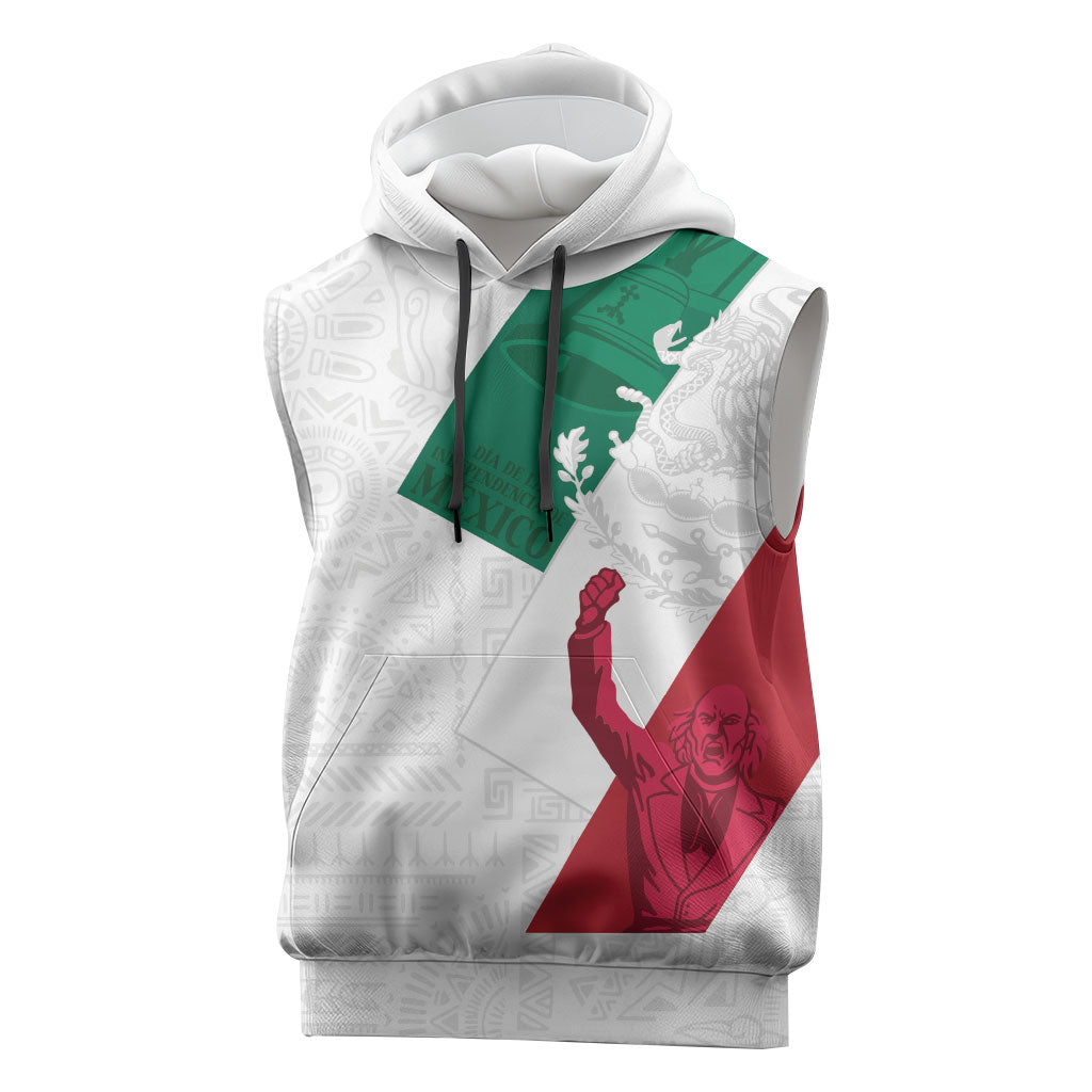 Dia de la Independencia de Mexico Sleeveless Hoodie 16 De Septiembre Traditional Aztec Tribal White