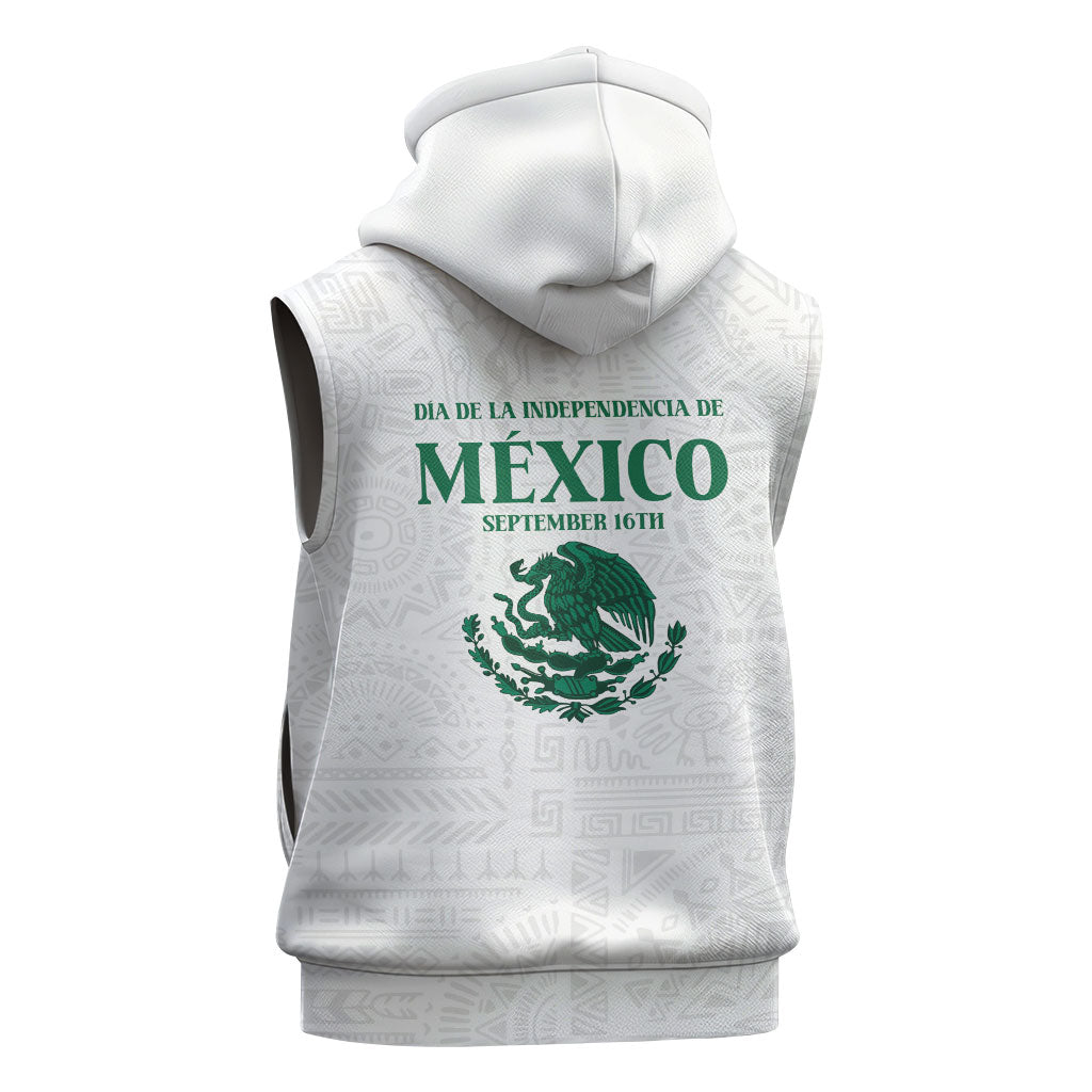 Dia de la Independencia de Mexico Sleeveless Hoodie 16 De Septiembre Traditional Aztec Tribal White