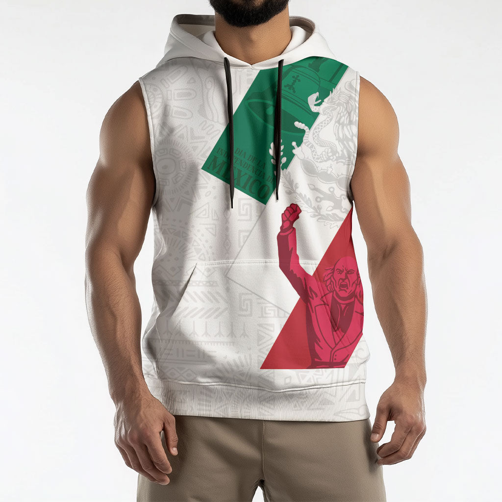 Dia de la Independencia de Mexico Sleeveless Hoodie 16 De Septiembre Traditional Aztec Tribal White
