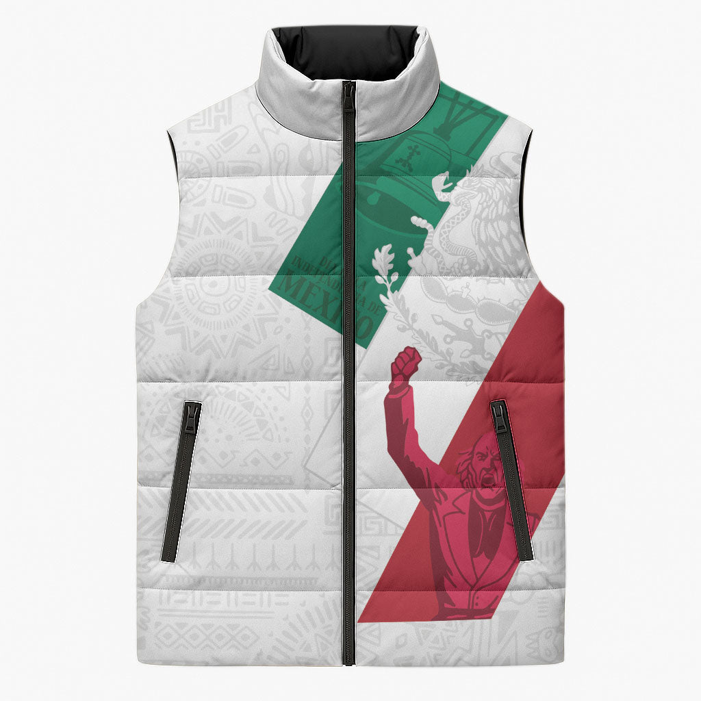 Dia de la Independencia de Mexico Sleeveless Puffer Jacket 16 De Septiembre Traditional Aztec Tribal White