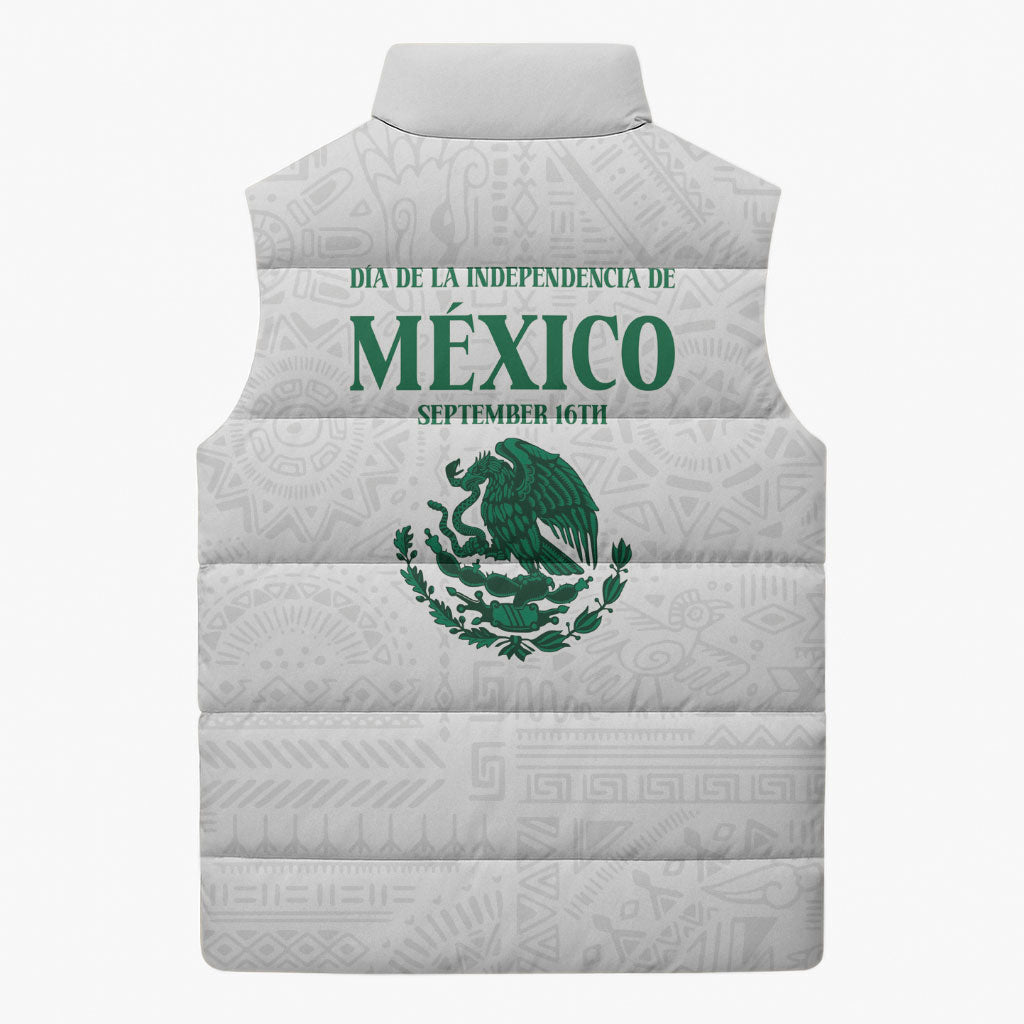 Dia de la Independencia de Mexico Sleeveless Puffer Jacket 16 De Septiembre Traditional Aztec Tribal White