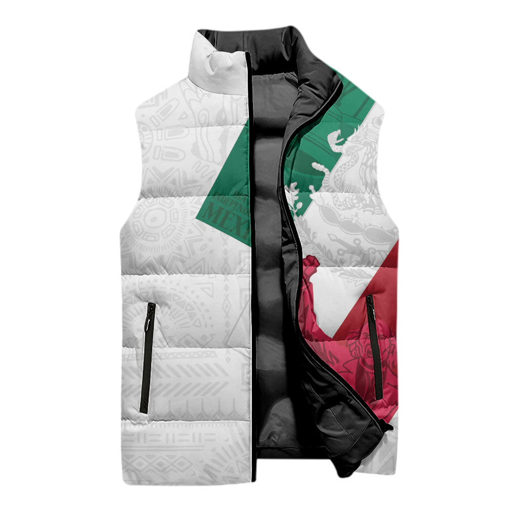 Dia de la Independencia de Mexico Sleeveless Puffer Jacket 16 De Septiembre Traditional Aztec Tribal White