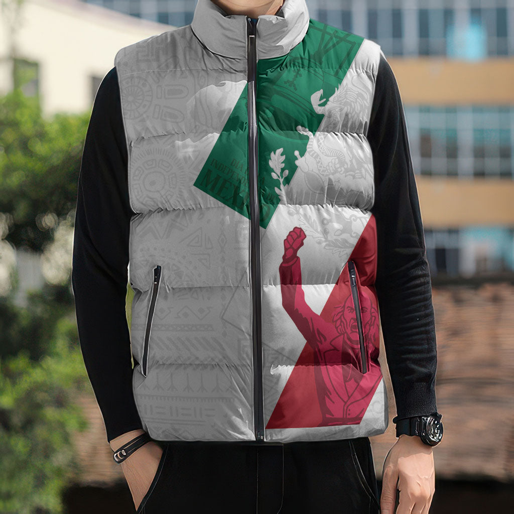 Dia de la Independencia de Mexico Sleeveless Puffer Jacket 16 De Septiembre Traditional Aztec Tribal White