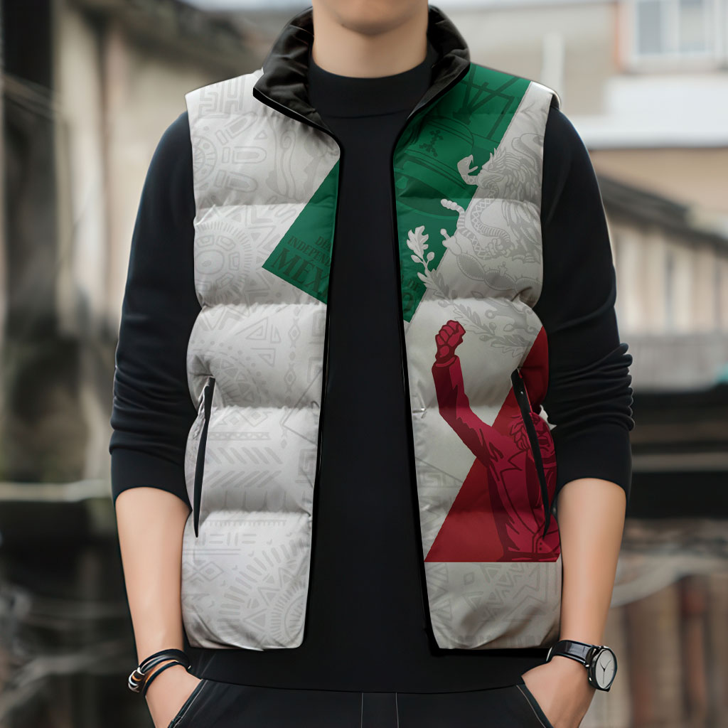 Dia de la Independencia de Mexico Sleeveless Puffer Jacket 16 De Septiembre Traditional Aztec Tribal White
