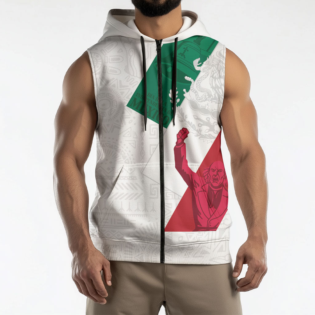 Dia de la Independencia de Mexico Sleeveless Zip Hoodie 16 De Septiembre Traditional Aztec Tribal White