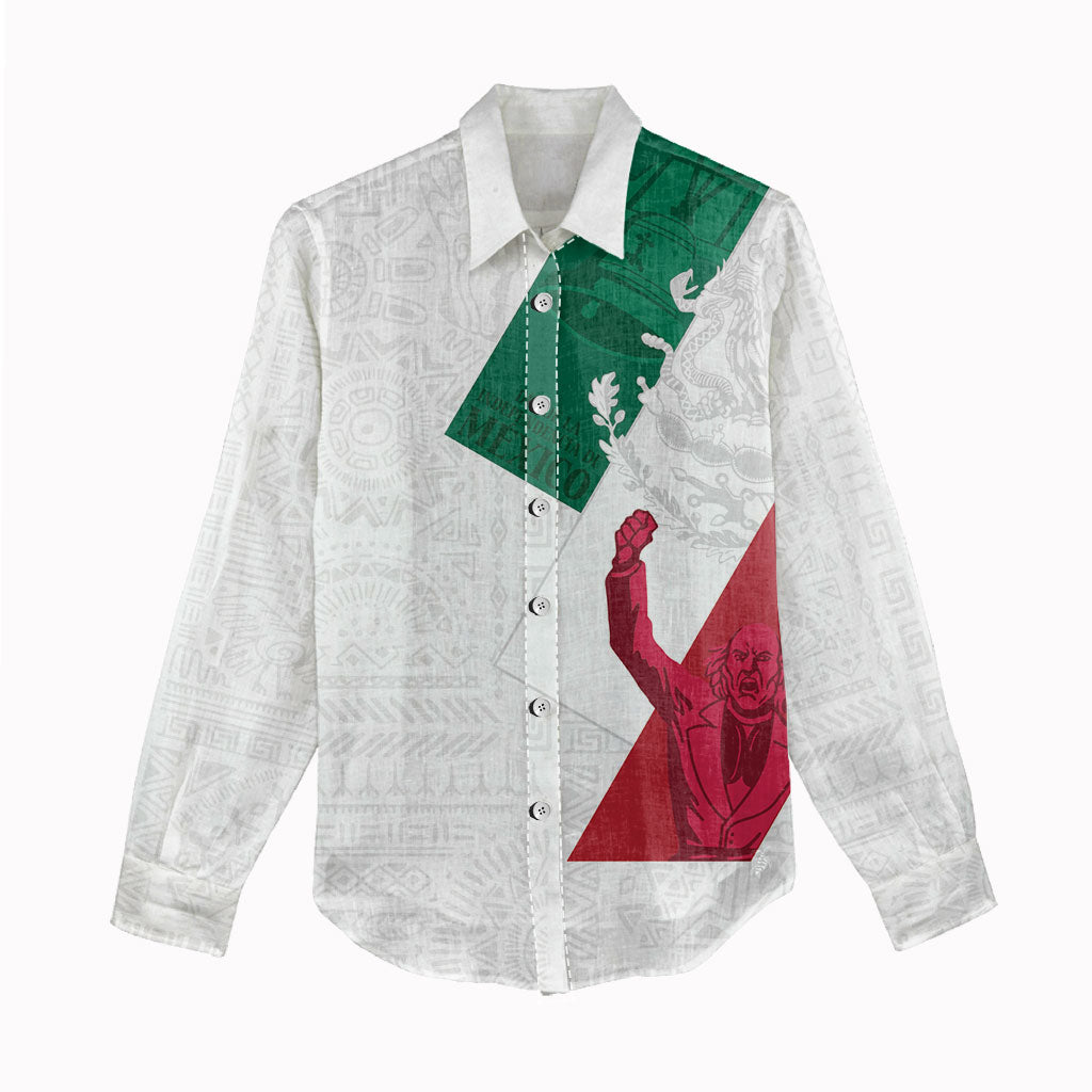 Dia de la Independencia de Mexico Women Casual Shirt 16 De Septiembre Traditional Aztec Tribal White