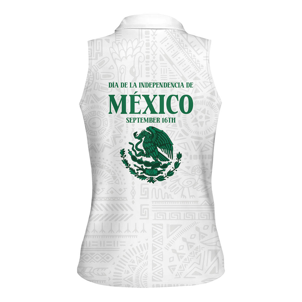 Dia de la Independencia de Mexico Women Sleeveless Polo Shirt 16 De Septiembre Traditional Aztec Tribal White