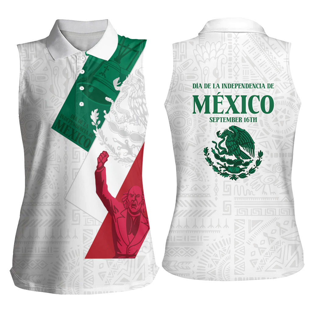 Dia de la Independencia de Mexico Women Sleeveless Polo Shirt 16 De Septiembre Traditional Aztec Tribal White