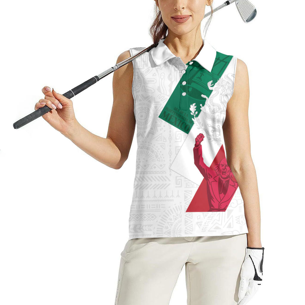 Dia de la Independencia de Mexico Women Sleeveless Polo Shirt 16 De Septiembre Traditional Aztec Tribal White