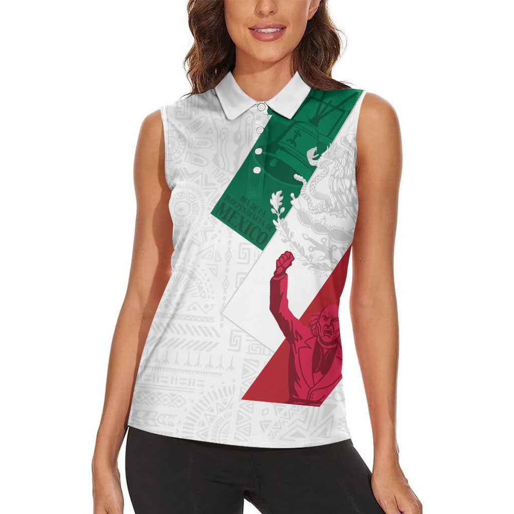 Dia de la Independencia de Mexico Women Sleeveless Polo Shirt 16 De Septiembre Traditional Aztec Tribal White