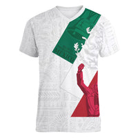 Dia de la Independencia de Mexico Women V-Neck T-Shirt 16 De Septiembre Traditional Aztec Tribal White