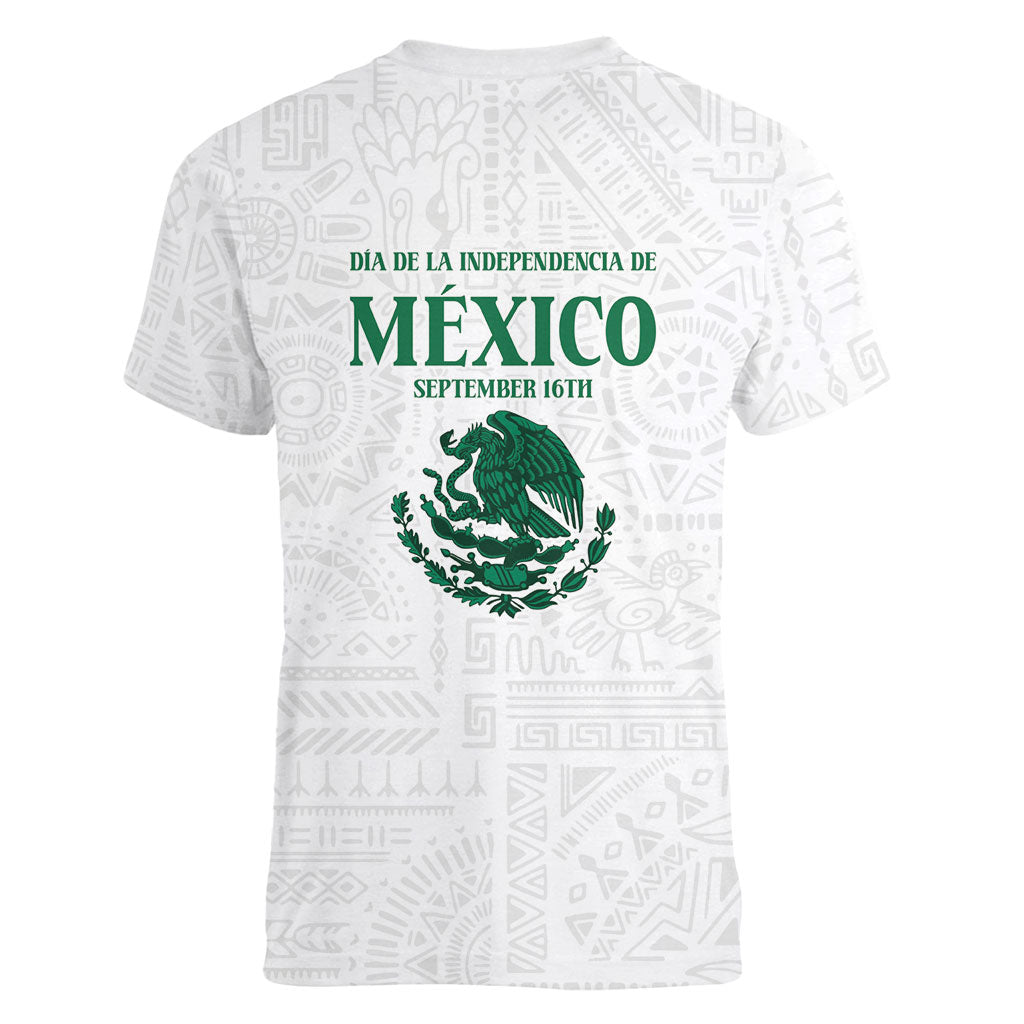 Dia de la Independencia de Mexico Women V-Neck T-Shirt 16 De Septiembre Traditional Aztec Tribal White