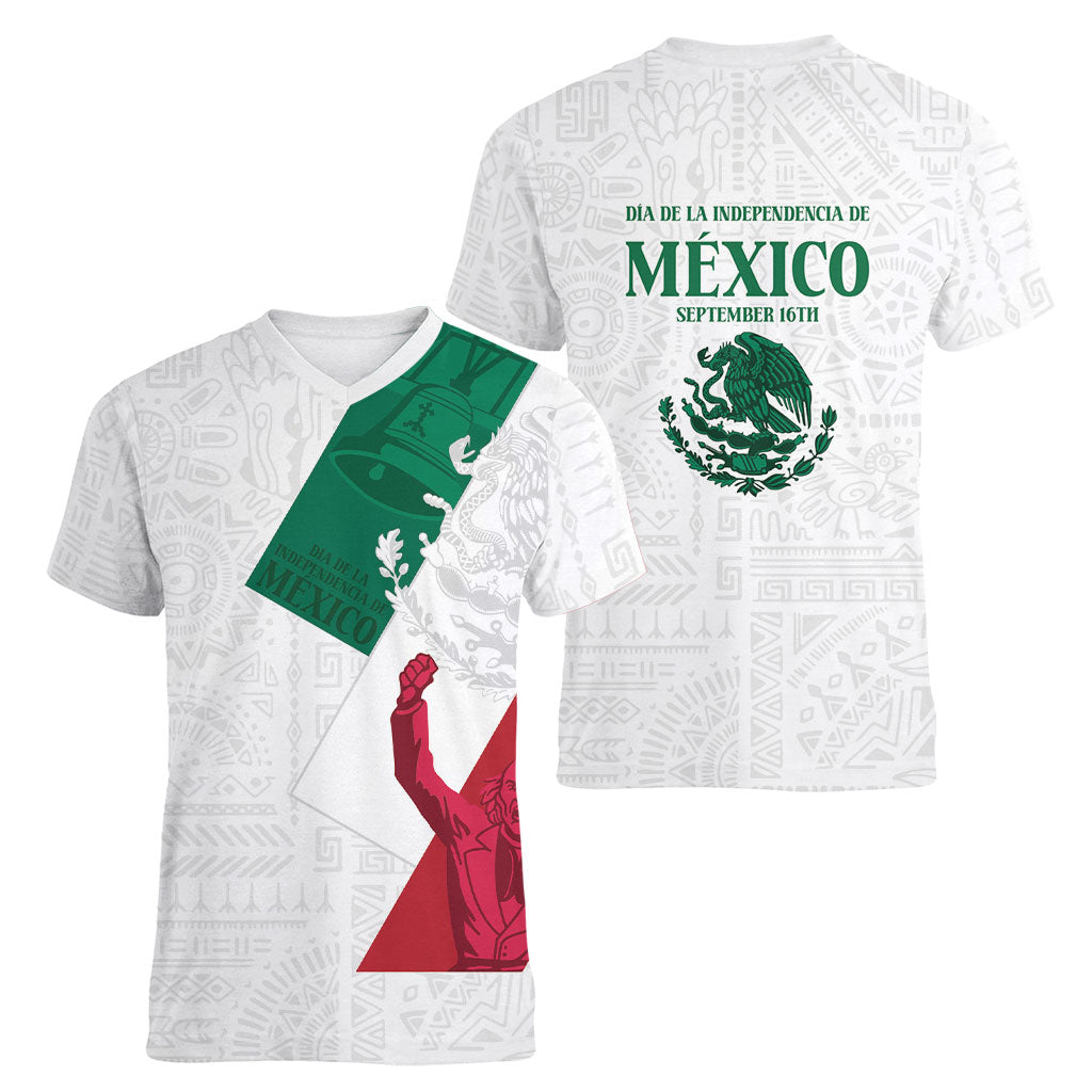 Dia de la Independencia de Mexico Women V-Neck T-Shirt 16 De Septiembre Traditional Aztec Tribal White