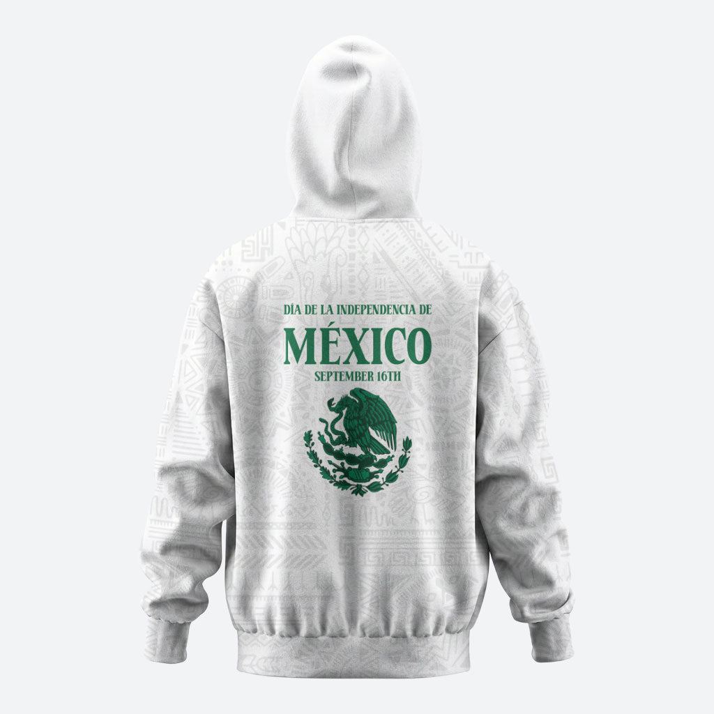 Dia de la Independencia de Mexico Zip Hoodie 16 De Septiembre Traditional Aztec Tribal White