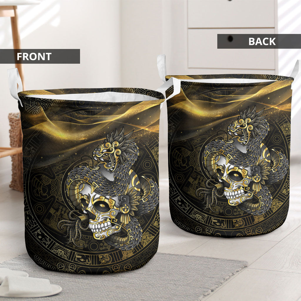 Mexico Quetzalcoatl Aztec Calendar Laundry Basket Black Gold Tribal Warrior Art