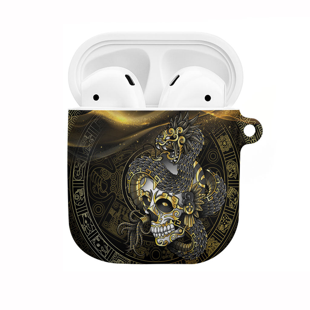 Mexico Quetzalcoatl Aztec Calendar AirPods Case Black Gold Tribal Warrior Art