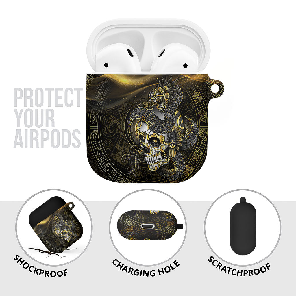 Mexico Quetzalcoatl Aztec Calendar AirPods Case Black Gold Tribal Warrior Art