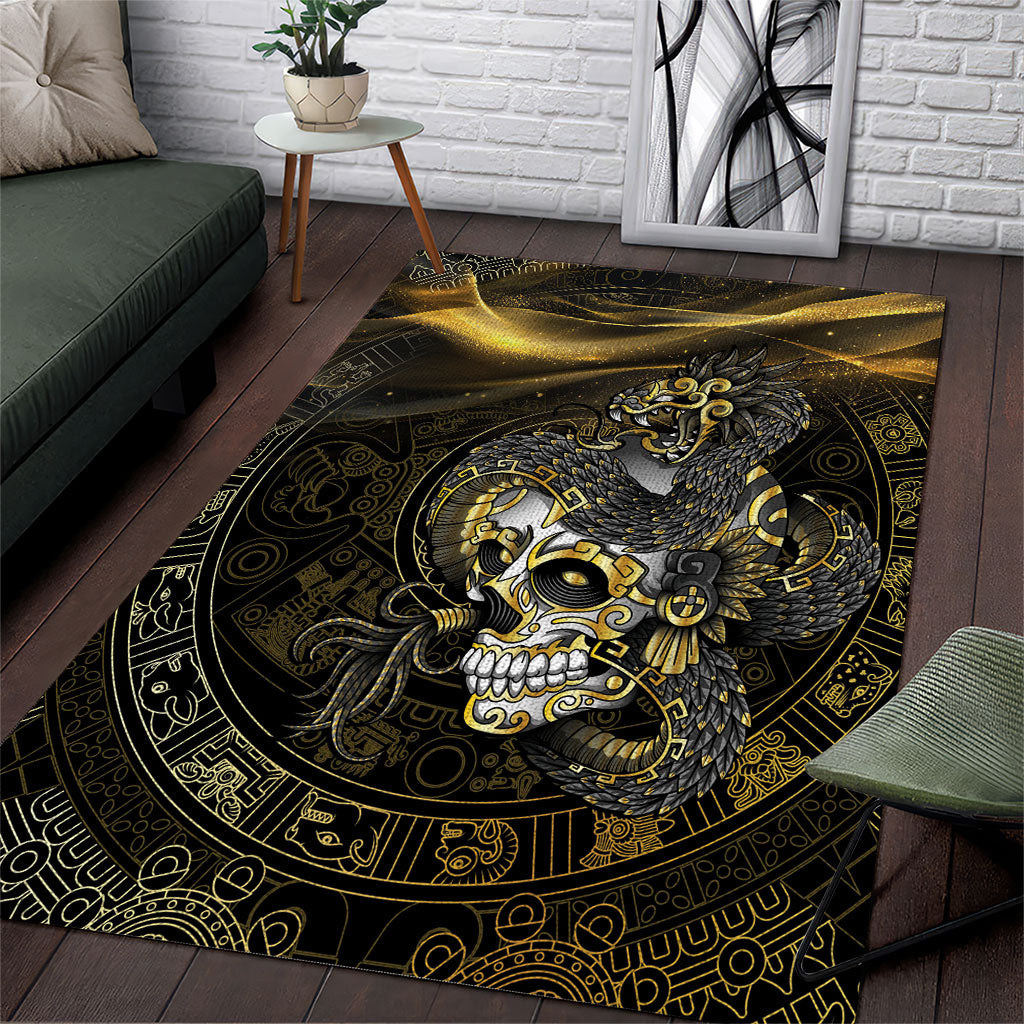 Mexico Quetzalcoatl Aztec Calendar Area Rug Black Gold Tribal Warrior Art