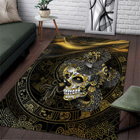 Mexico Quetzalcoatl Aztec Calendar Area Rug Black Gold Tribal Warrior Art