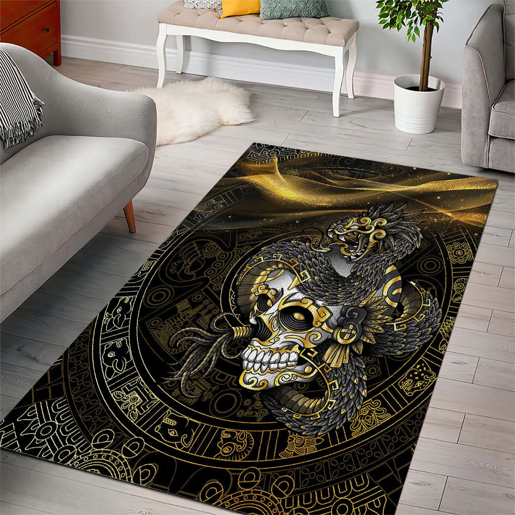 Mexico Quetzalcoatl Aztec Calendar Area Rug Black Gold Tribal Warrior Art