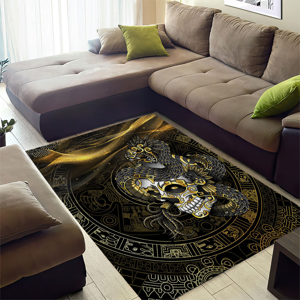 Mexico Quetzalcoatl Aztec Calendar Area Rug Black Gold Tribal Warrior Art